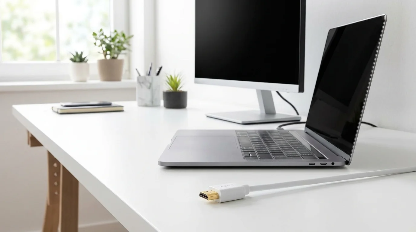 Bílý HDMI kabel Sencor SAV 267-015W s pozlaceným konektorem na pracovním stole vedle notebooku a monitoru.
