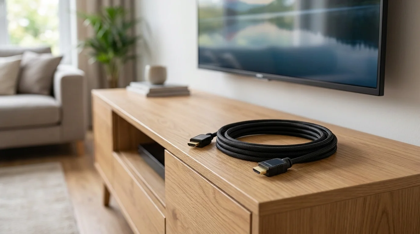 Čierny stočený HDMI kábel Sencor s pozlátenými konektormi položený na drevenom stolíku pod televízorom.