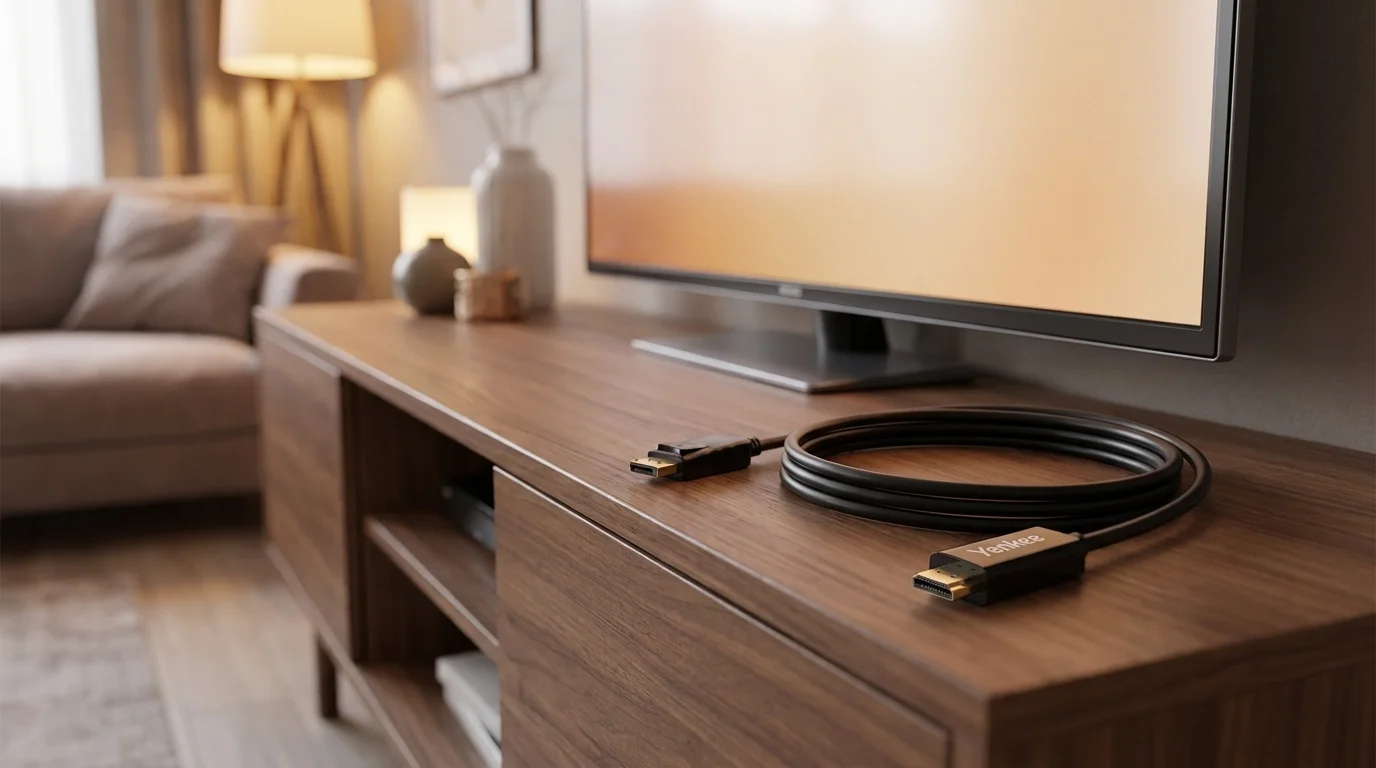 Černý kabel Yenkee YCH 415 s konektory HDMI a DisplayPort stočený na dřevěném televizním stolku.