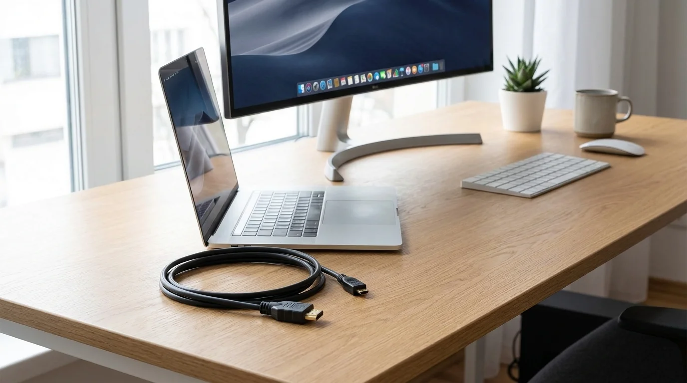 Černý kabel Yenkee YCH 315 s konektory HDMI a Micro HDMI položený na dřevěném stole vedle notebooku a monitoru.