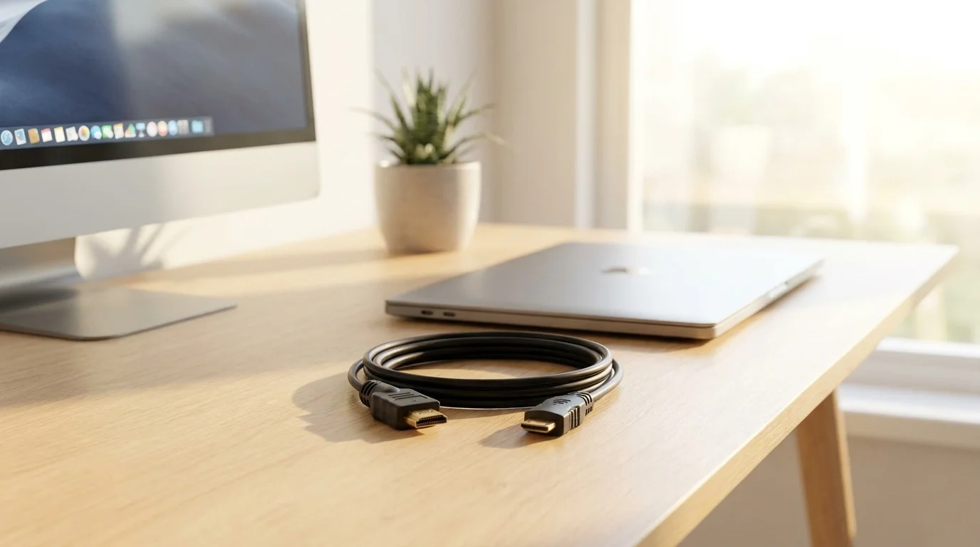 Černý svinutý kabel Yenkee s konektory HDMI a mini HDMI položený na dřevěném pracovním stole vedle notebooku.