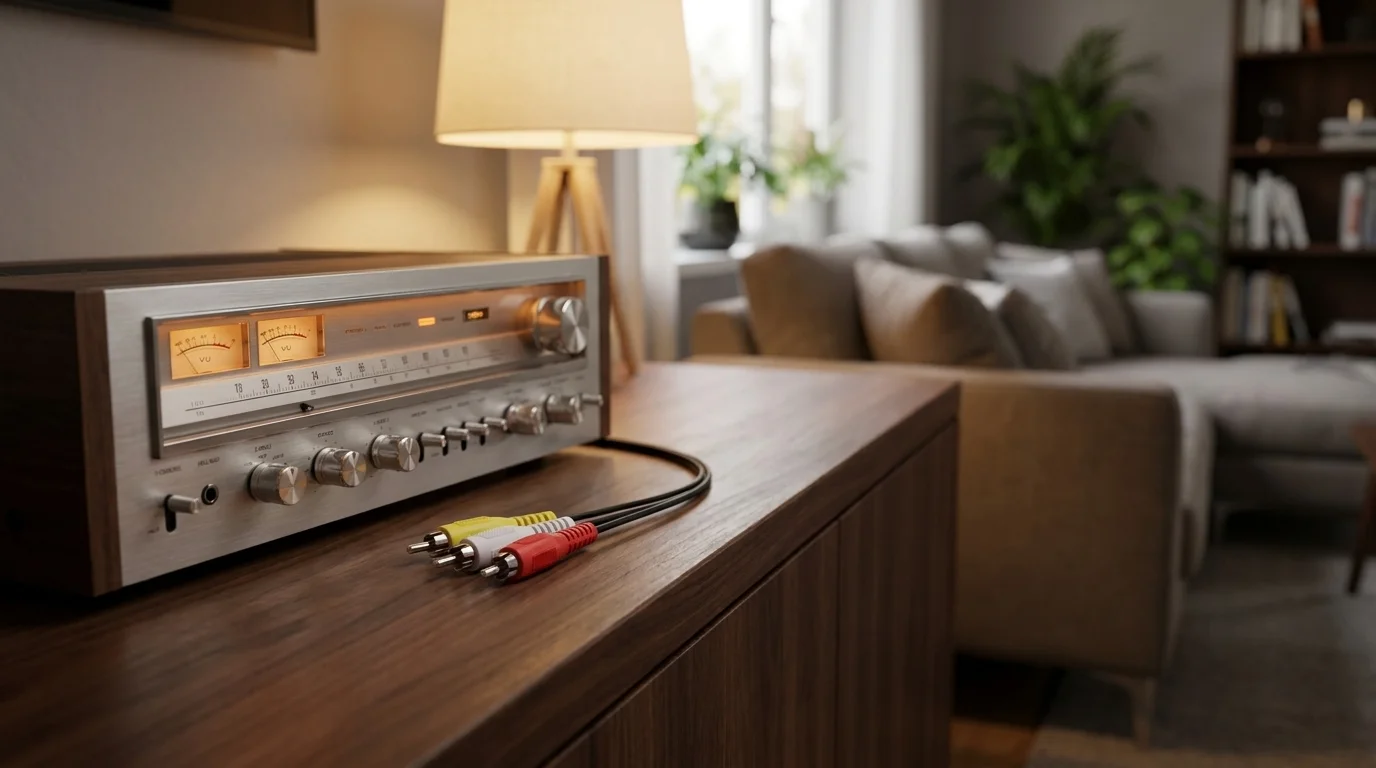 CINCH kabel Sencor se žlutým, bílým a červeným konektorem položený na dřevěné komodě vedle audio zesilovače.