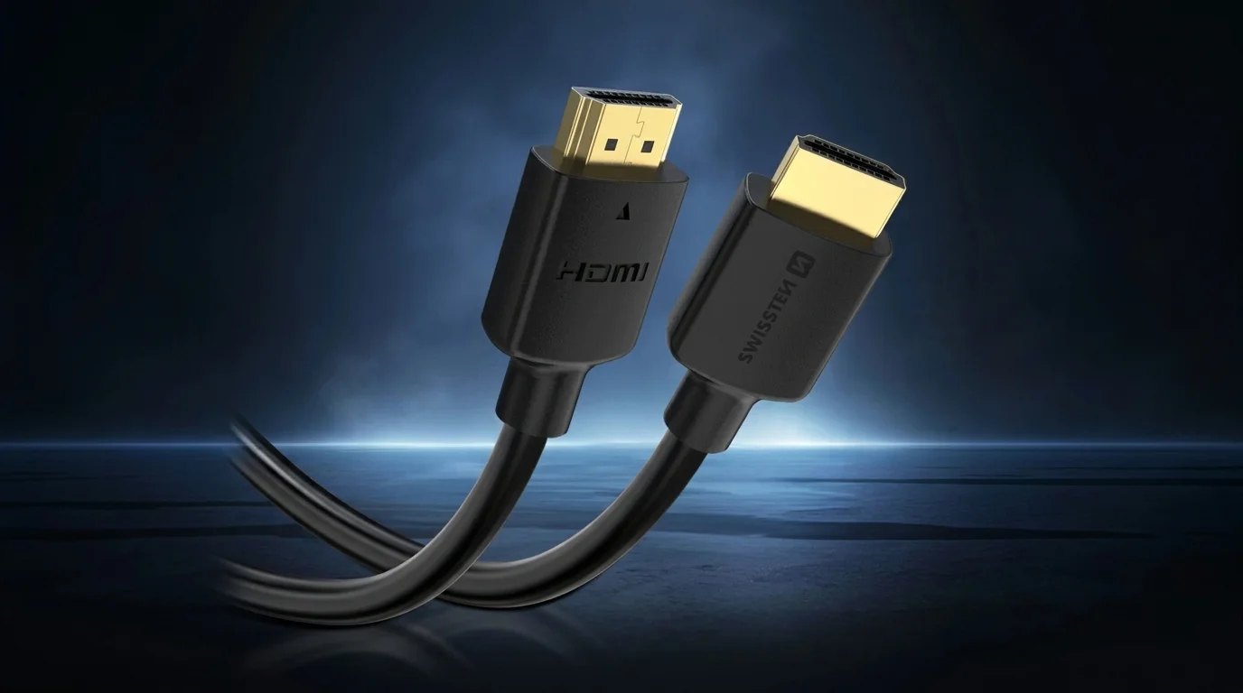 Černý propojovací kabel Swissten s pozlacenými HDMI konektory.
