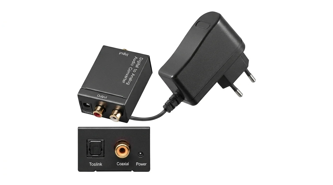 Černý audio převodník s napájecím adaptérem, analogovými výstupy CINCH a panelem se vstupy Toslink a Coaxial.