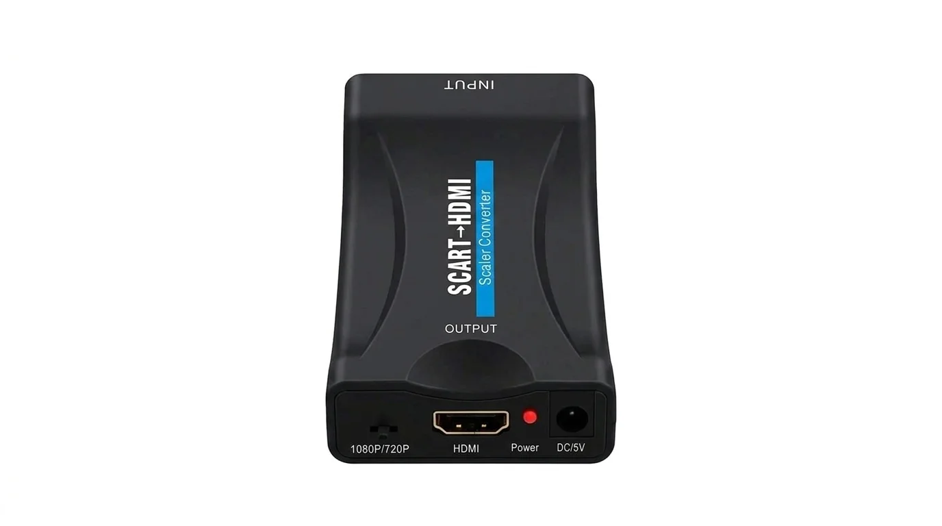 Černý převodník SCART na HDMI s výstupním HDMI portem, přepínačem rozlišení 1080p/720p, indikátorem napájení a DC 5V konektorem.