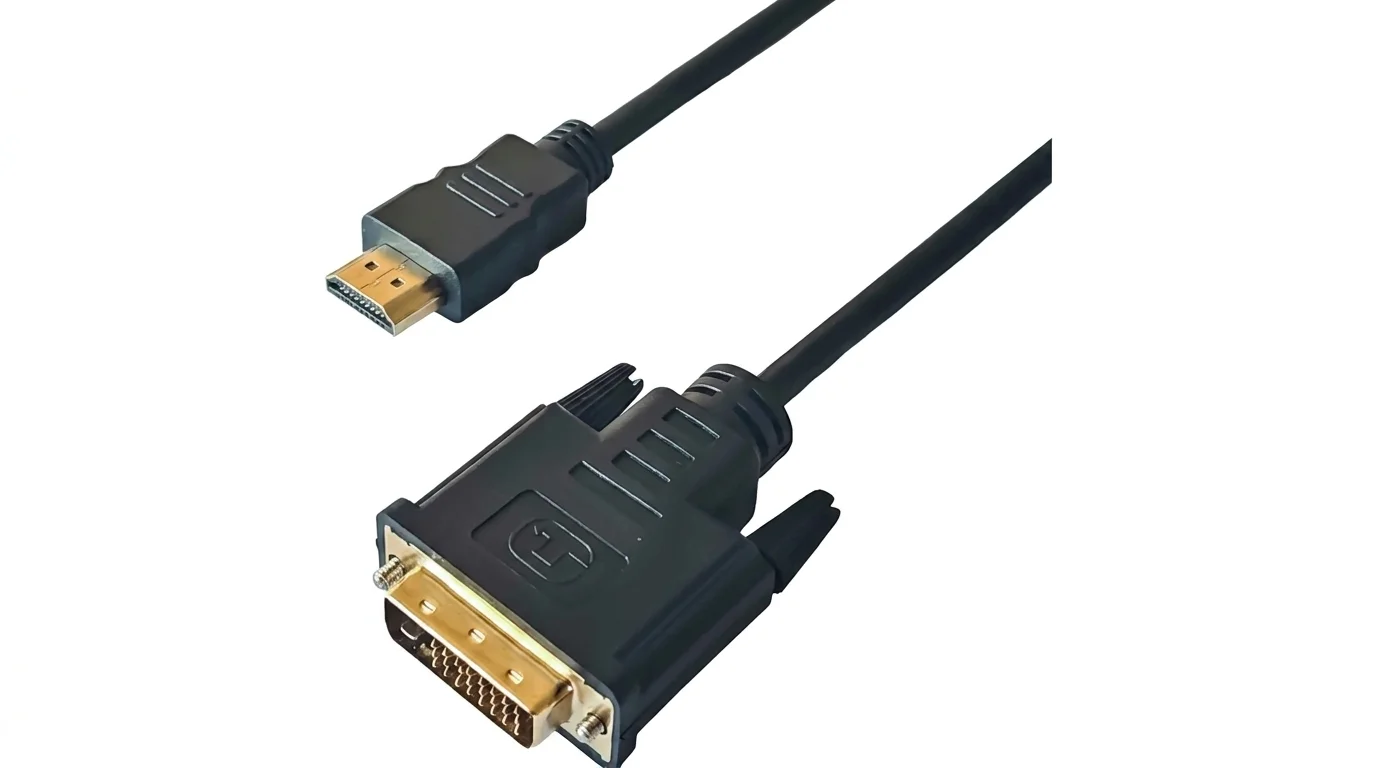 Černý kabel Yenkee YCH 515 s pozlaceným konektorem HDMI a konektorem DVI-D se šrouby.
