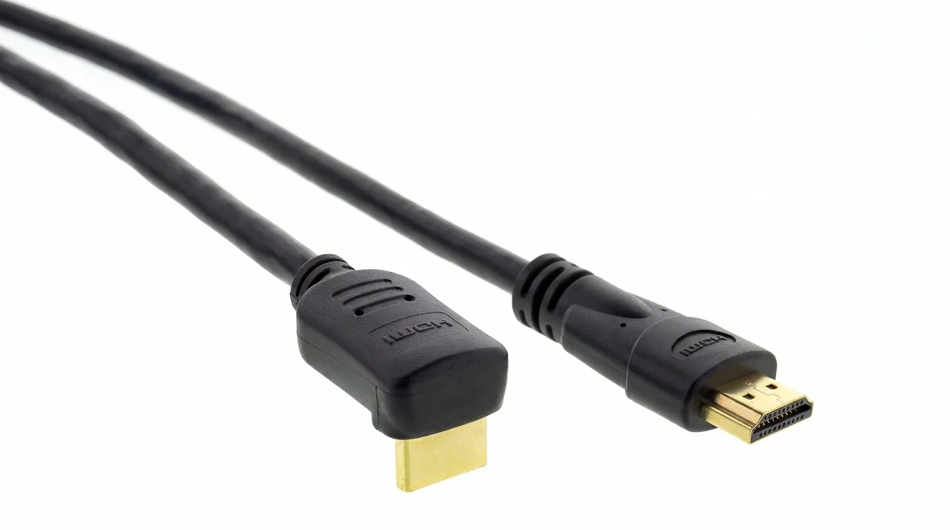 Černý HDMI kabel Sencor s jedním přímým a jedním 90° zahnutým pozlaceným konektorem.