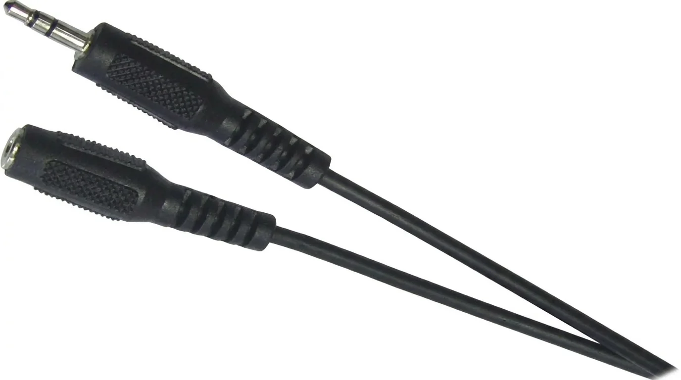 Čierny predlžovací audio kábel Sencor zakončený 3,5 mm jack konektorom a zásuvkou.