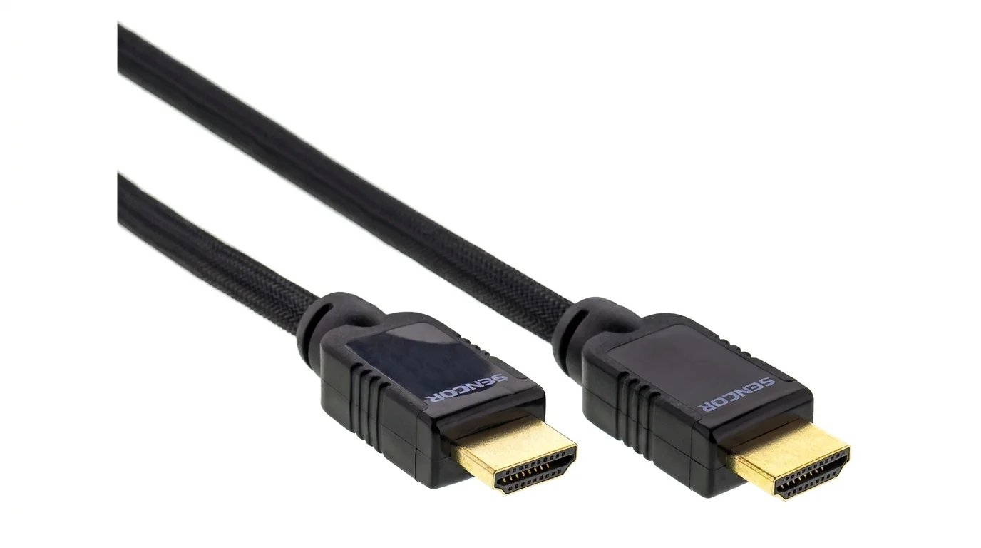 Čierny opletený HDMI kábel Sencor s dvoma pozlátenými konektormi.