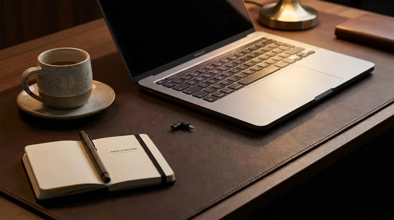 Černá napájecí redukce Aligator USB-C leží na kožené podložce na stole vedle notebooku, šálku kávy a otevřeného zápisníku.