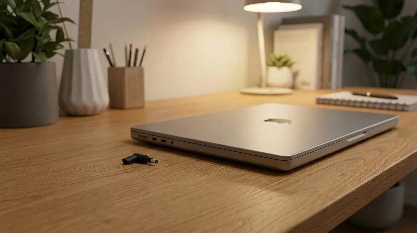 Černá redukce Aligator USB-C leží na dřevěném stole vedle zavřeného stříbrného notebooku.