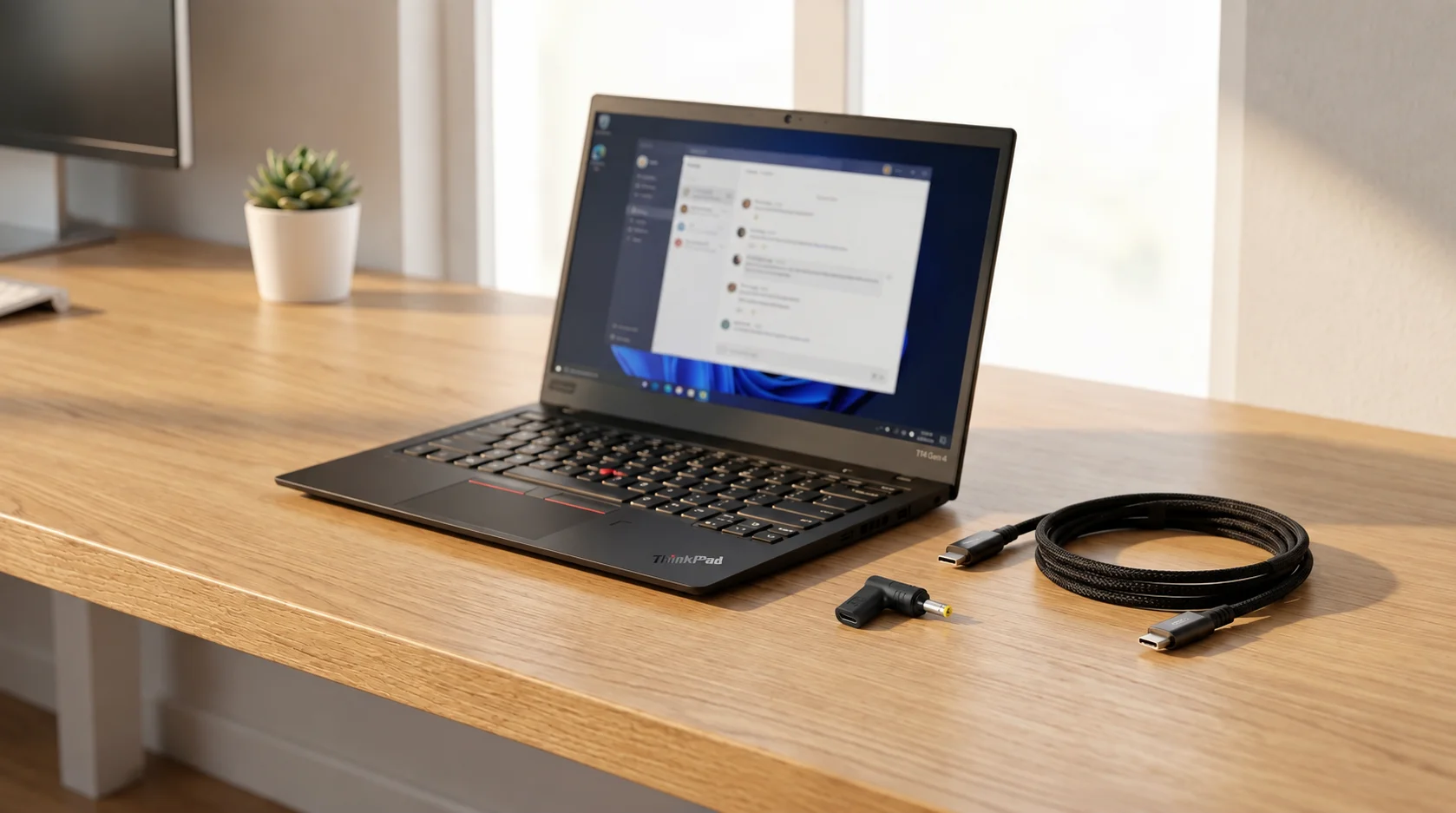 Otevřený notebook Lenovo ThinkPad na dřevěném stole s černým USB-C kabelem a napájecí redukcí Aligator.