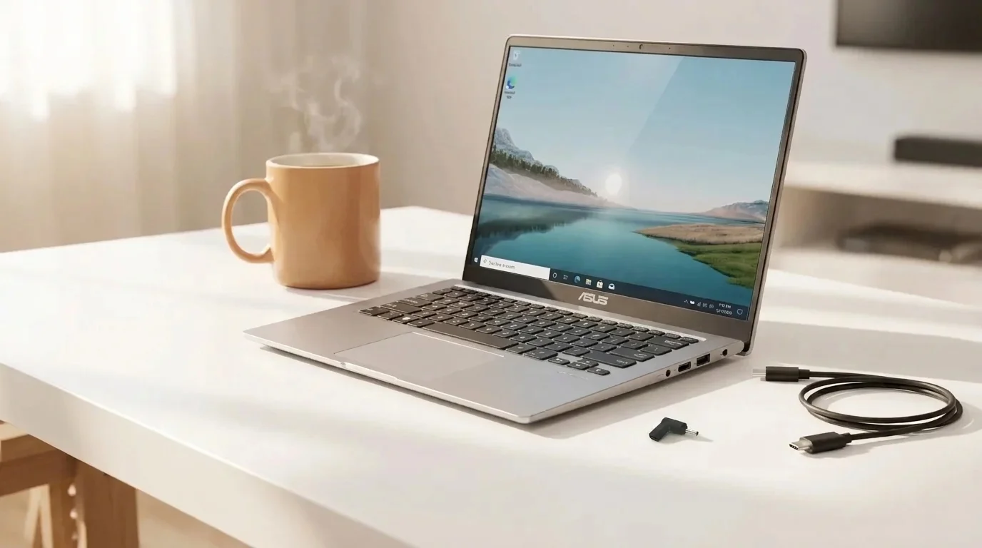 Otevřený notebook Asus na bílém stole vedle hrnku, USB-C kabelu a černé napájecí redukce Aligator.