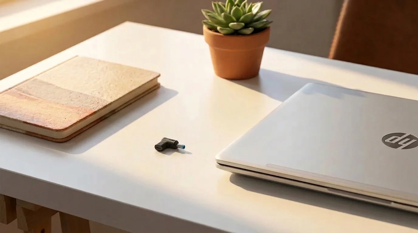 Černá redukce Aligator USB-C na 4,5×3,0 mm pro notebooky HP leží na bílém stole vedle stříbrného notebooku HP a zápisníku.