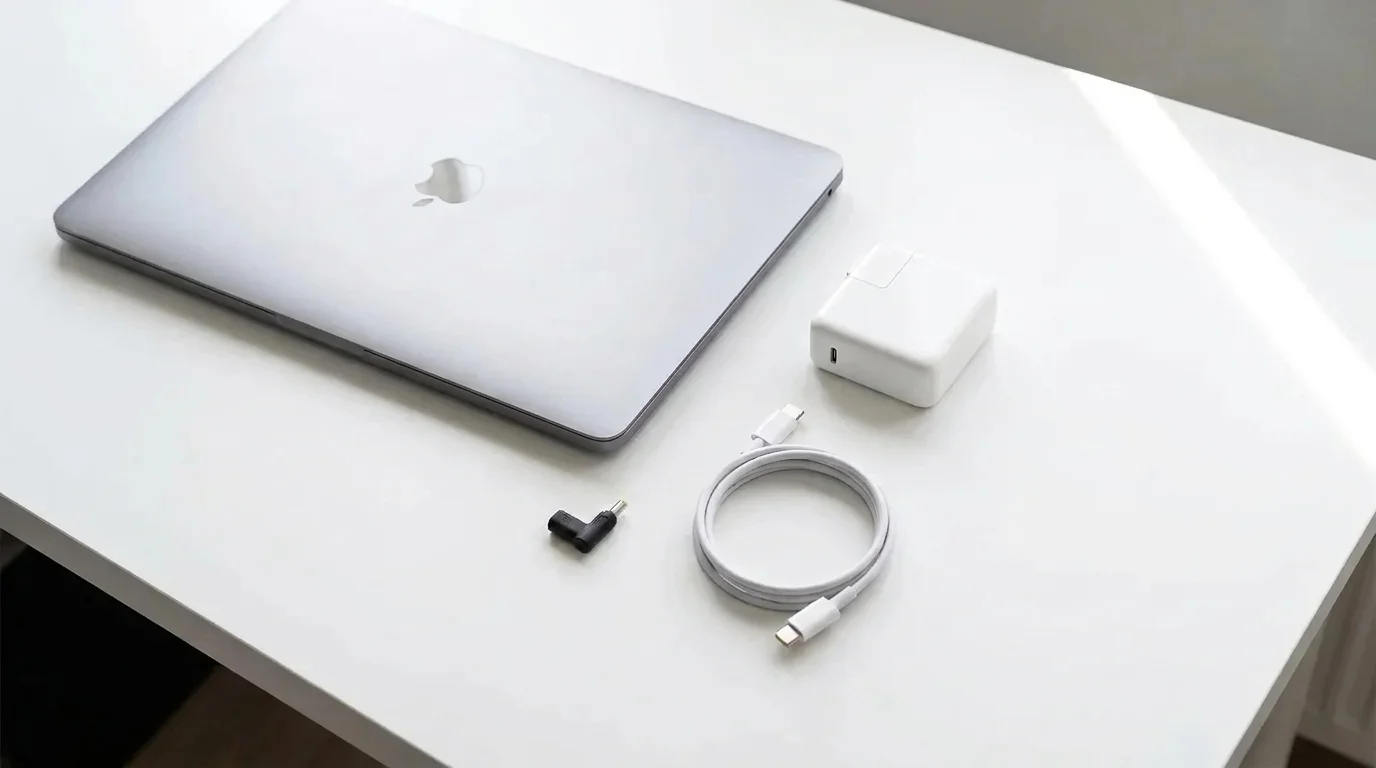 Stříbrný notebook, bílý napájecí adaptér, USB-C kabel a černá redukce Aligator položené na bílém stole.