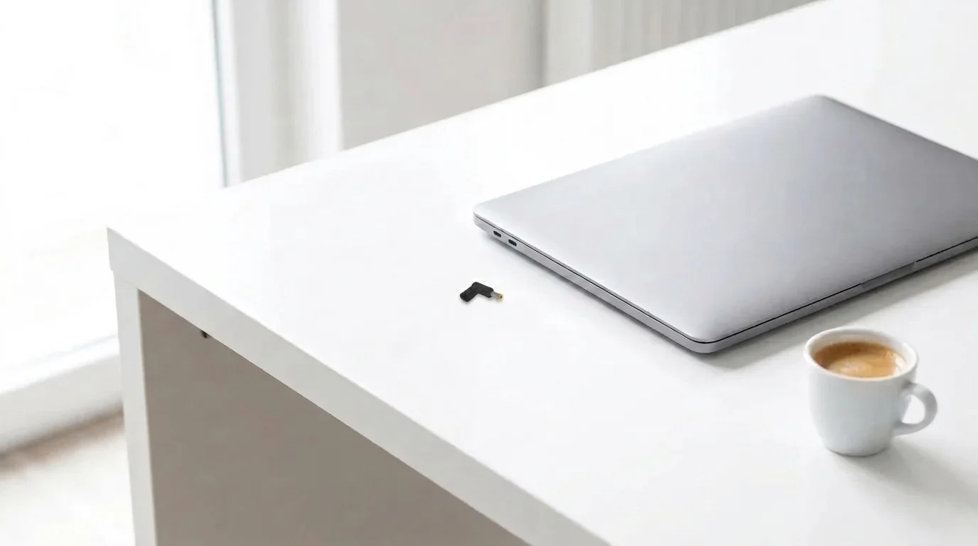 Černá redukce Aligator USB-C leží na bílém stole vedle zavřeného stříbrného notebooku a šálku kávy.
