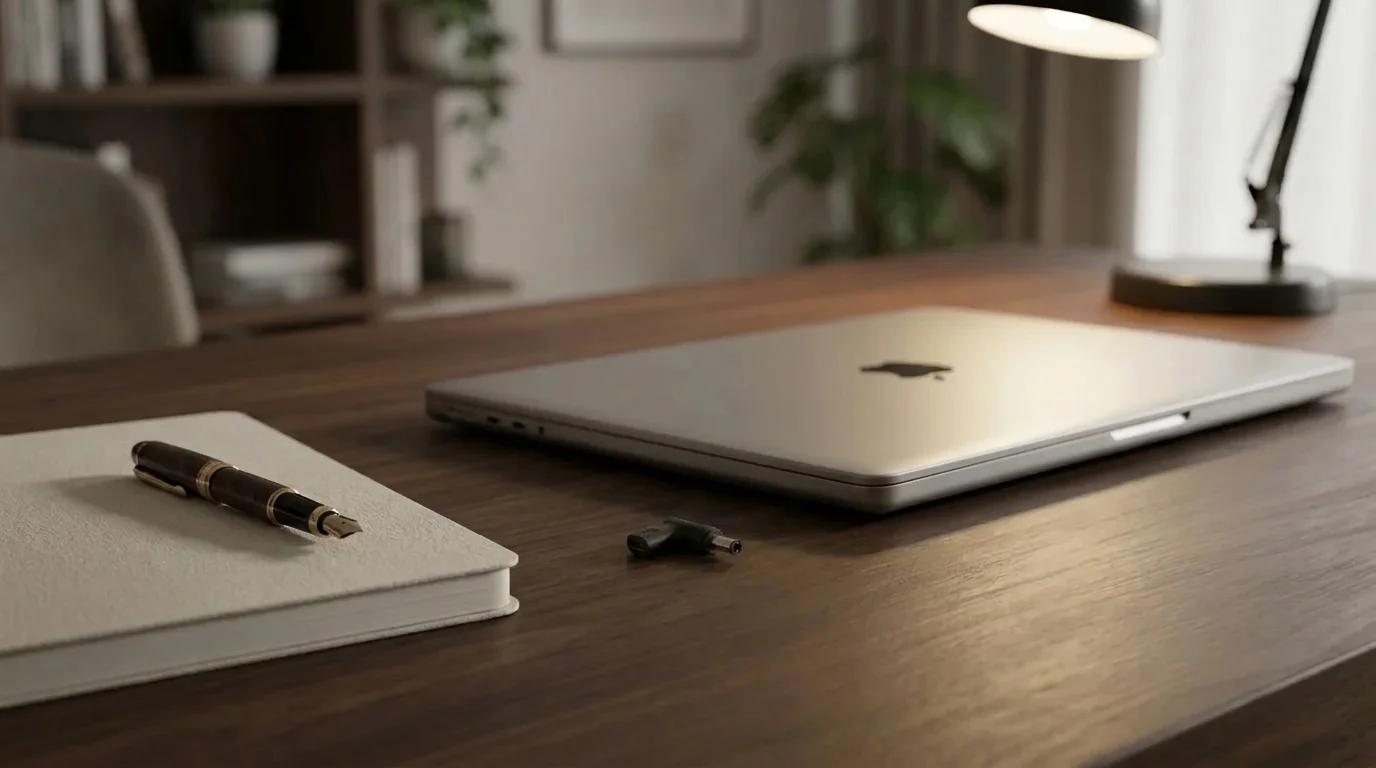 Černá redukce Aligator USB-C na 5,5 × 2,1 mm leží na dřevěném stole vedle zavřeného stříbrného notebooku a zápisníku s perem.