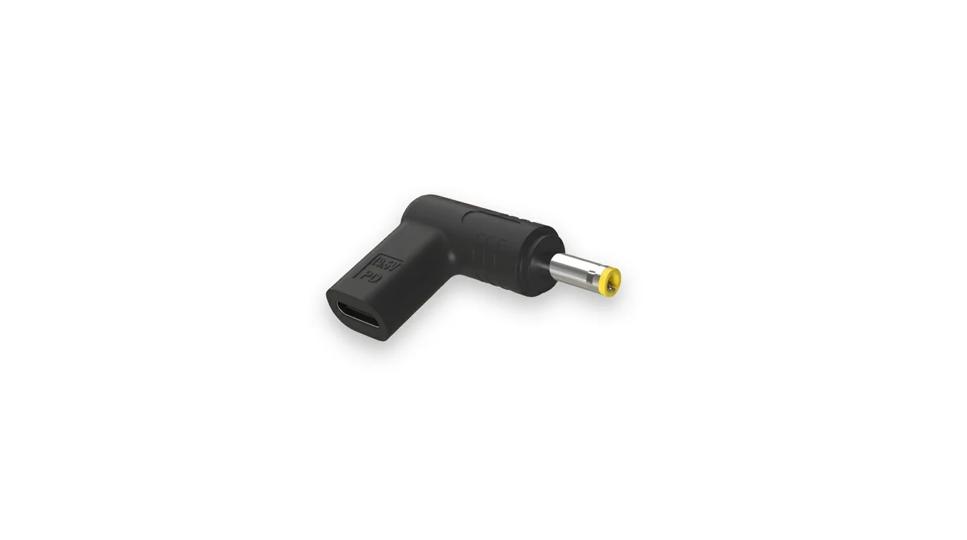Černá pravoúhlá napájecí redukce Aligator z USB-C na konektor 4,0 × 1,7 mm se žlutou špičkou.