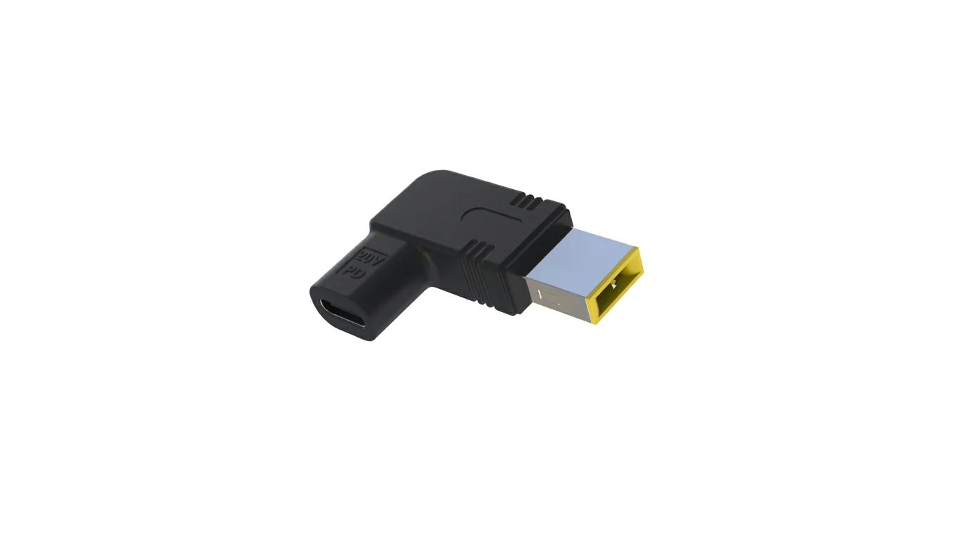 Černá úhlová redukce Aligator z portu USB-C na obdélníkový konektor Lenovo na bílém pozadí.