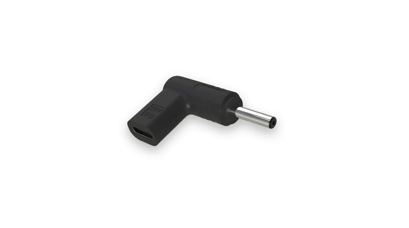 Černá pravoúhlá napájecí redukce Aligator z USB-C na kulatý konektor.