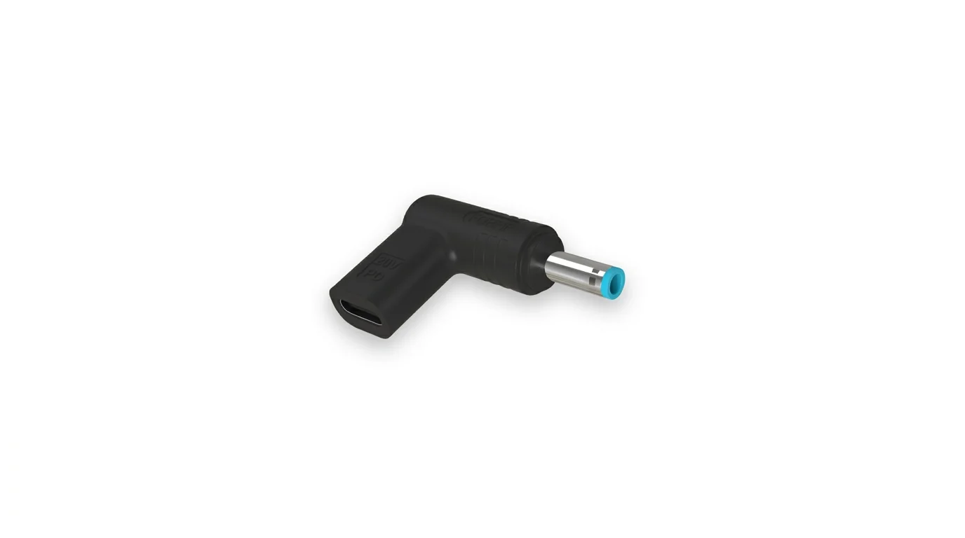 Černá pravoúhlá redukce Aligator z USB-C na notebookový konektor HP s modrým zakončením na bílém pozadí.