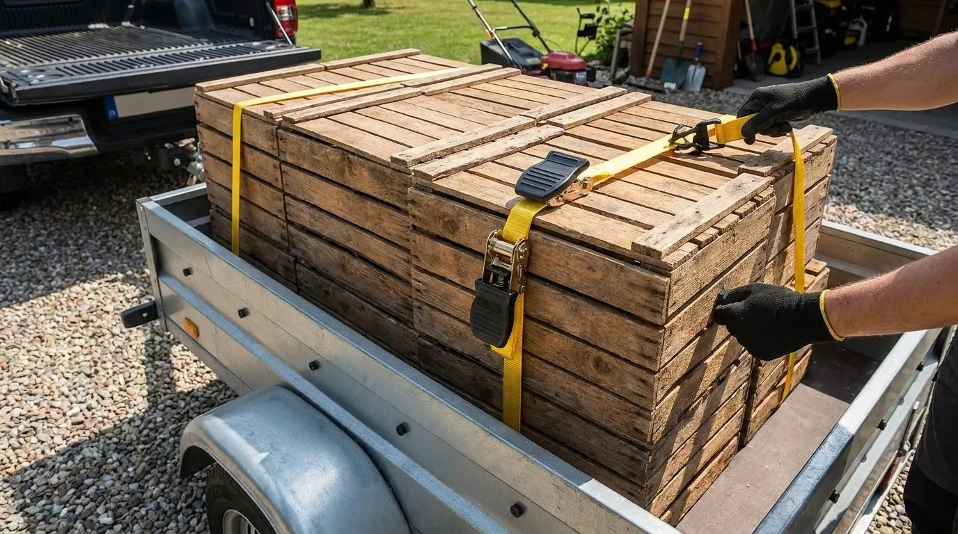 Žltý upínací popruh FIELDMANN s račňou zaisťuje náklad drevených debien na autoprívese.