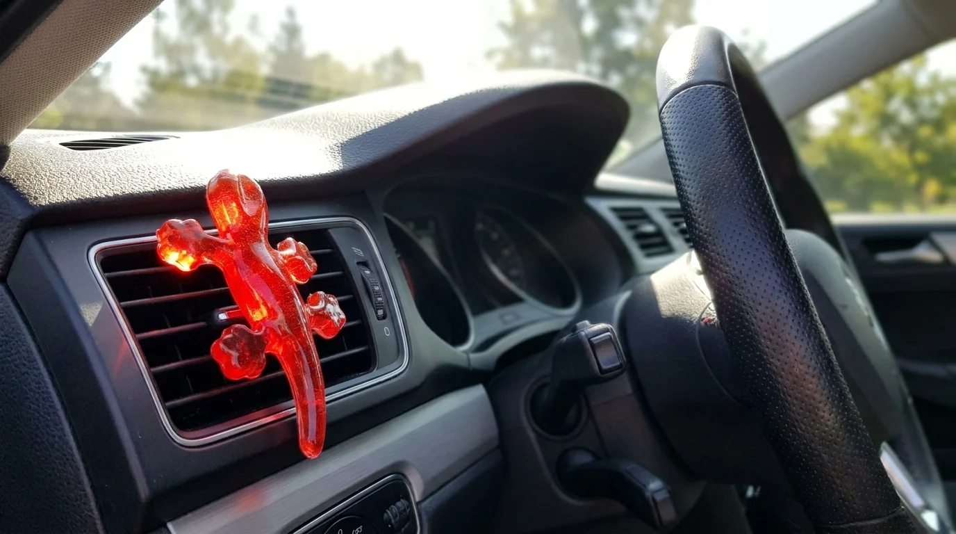 Červený osvěžovač vzduchu Power Air SALLY ve tvaru ještěrky připevněný na mřížce ventilace vozu.