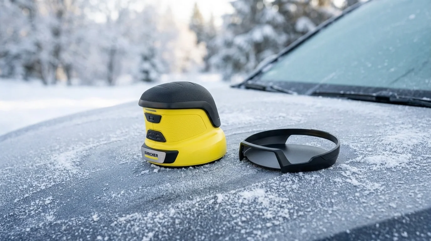Autoškrabka Kärcher EDI 4 Aku s ochranným krytom položená na zamrznutej kapote auta.