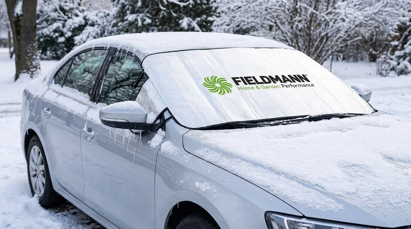 Strieborná ochrana čelného skla s logom FIELDMANN nasadená na prednom skle zasneženého auta.