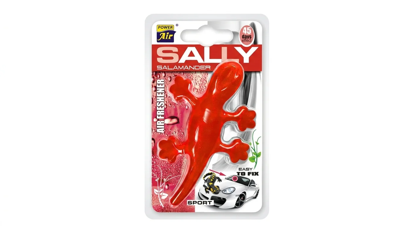 Červený osvěžovač vzduchu do auta Power Air SALLY Salamander Sport v blistrovém balení.