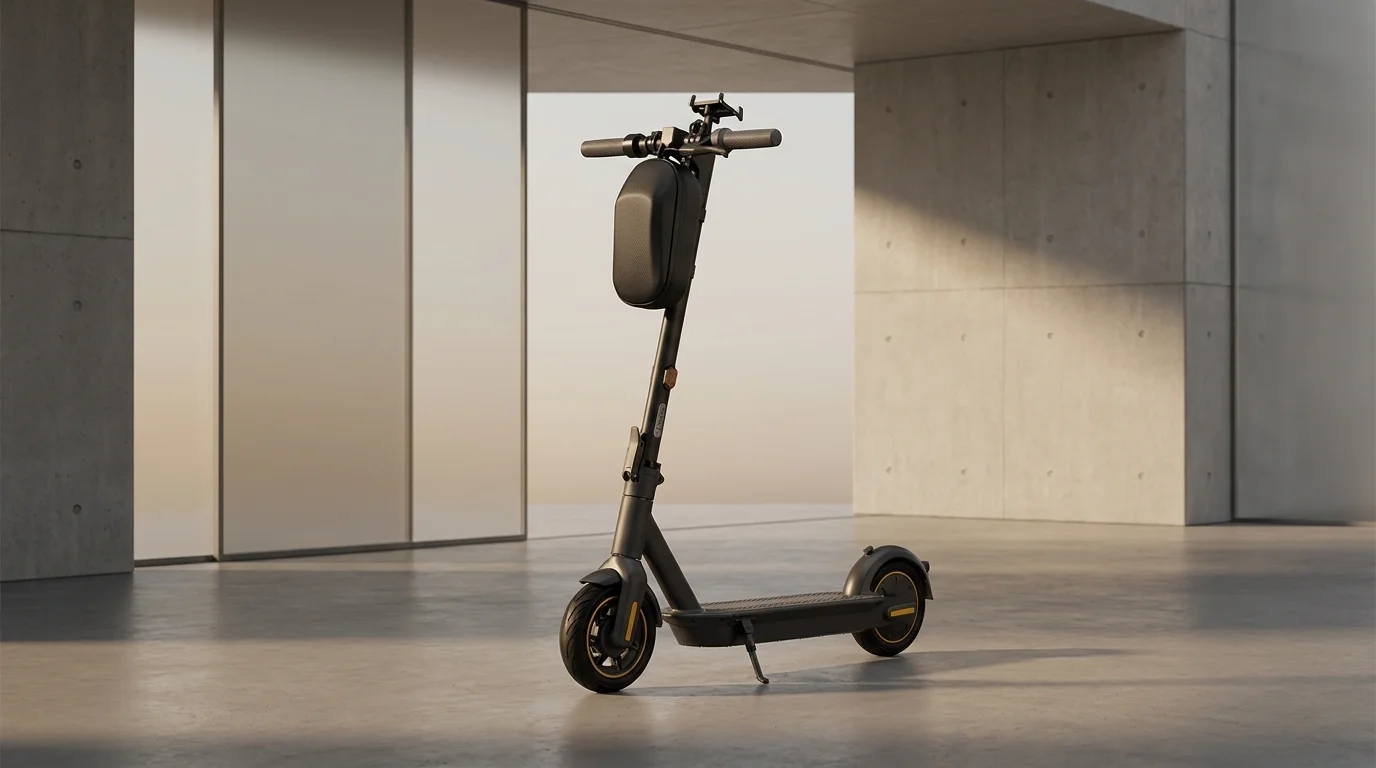 Čierna cyklobrašňa Sencor SCOOTER ONE upevnená na riadidlách elektrokolobežky.