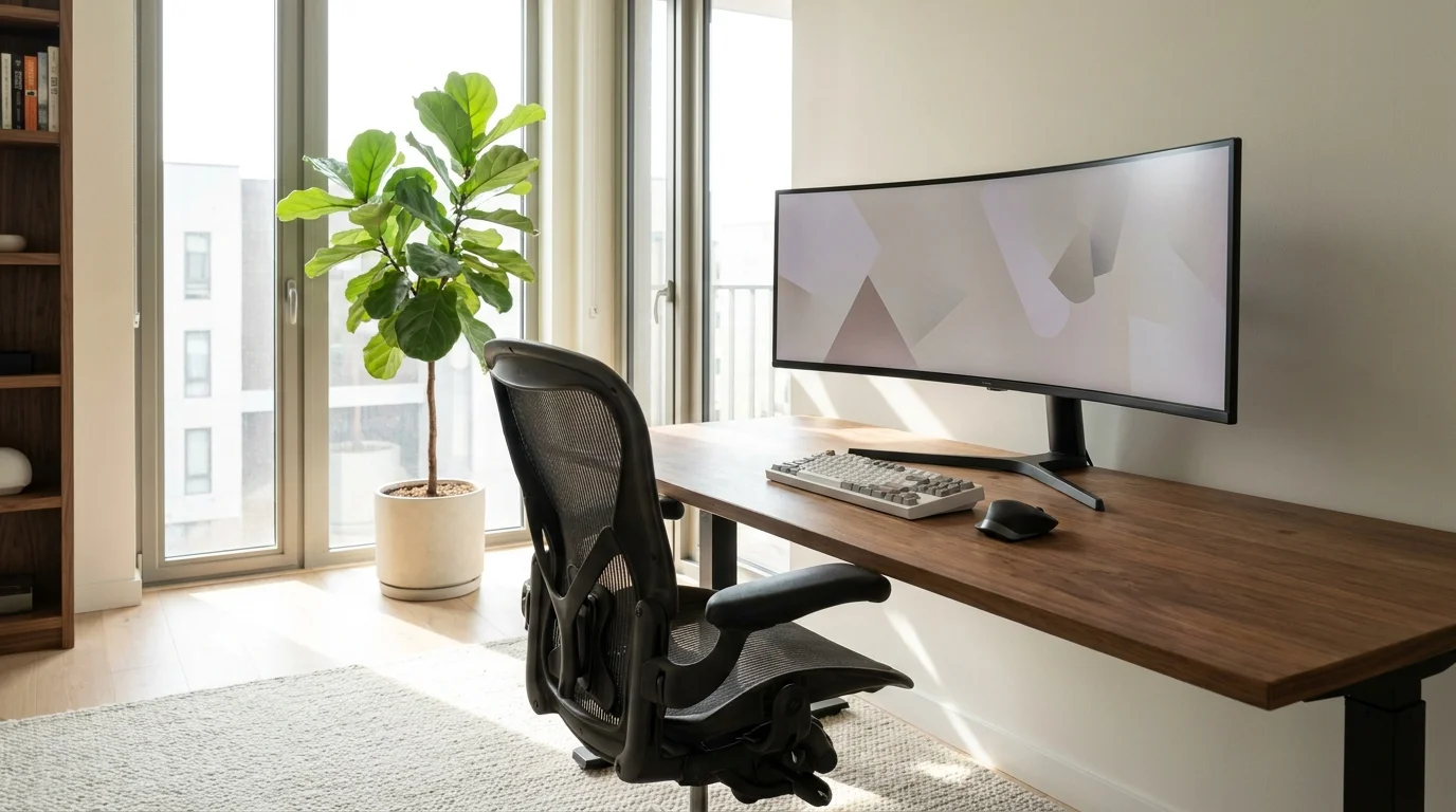 Pracovný kút s dreveným stolom, širokouhlým prehnutým monitorom, klávesnicou, myšou a ergonomickou kancelárskou stoličkou.