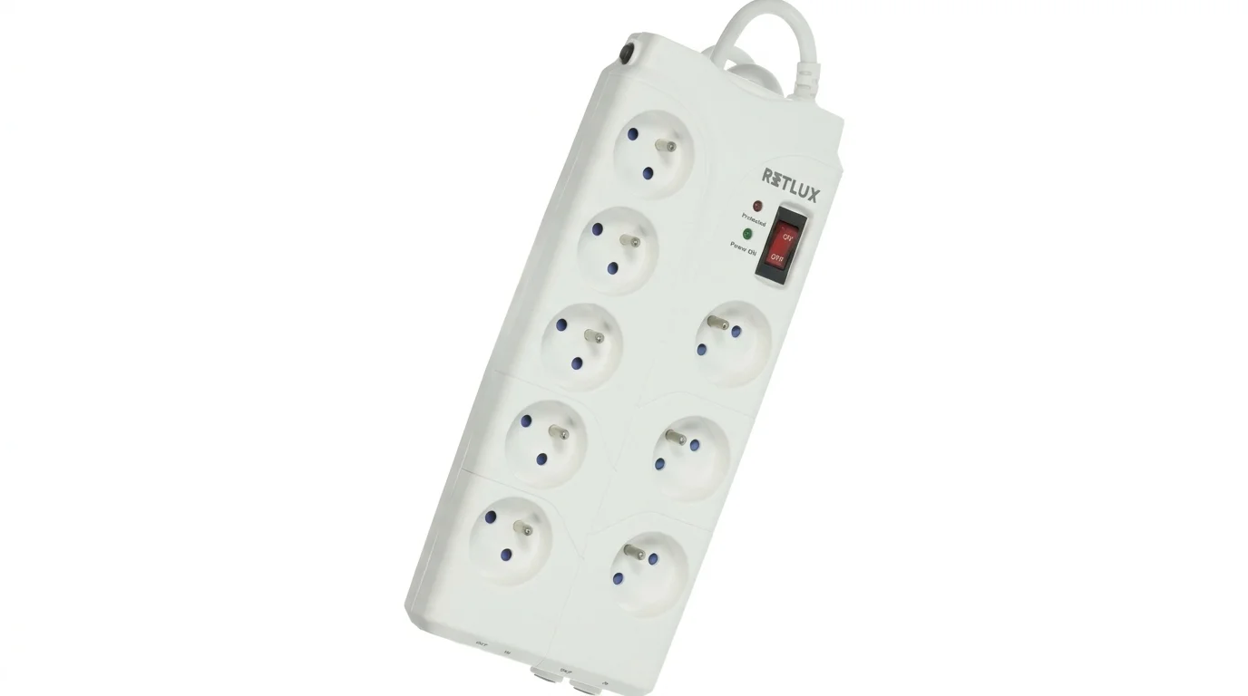 Biela prepäťová ochrana Retlux RSP 850 s ôsmimi zásuvkami, vypínačom a LED indikátormi.