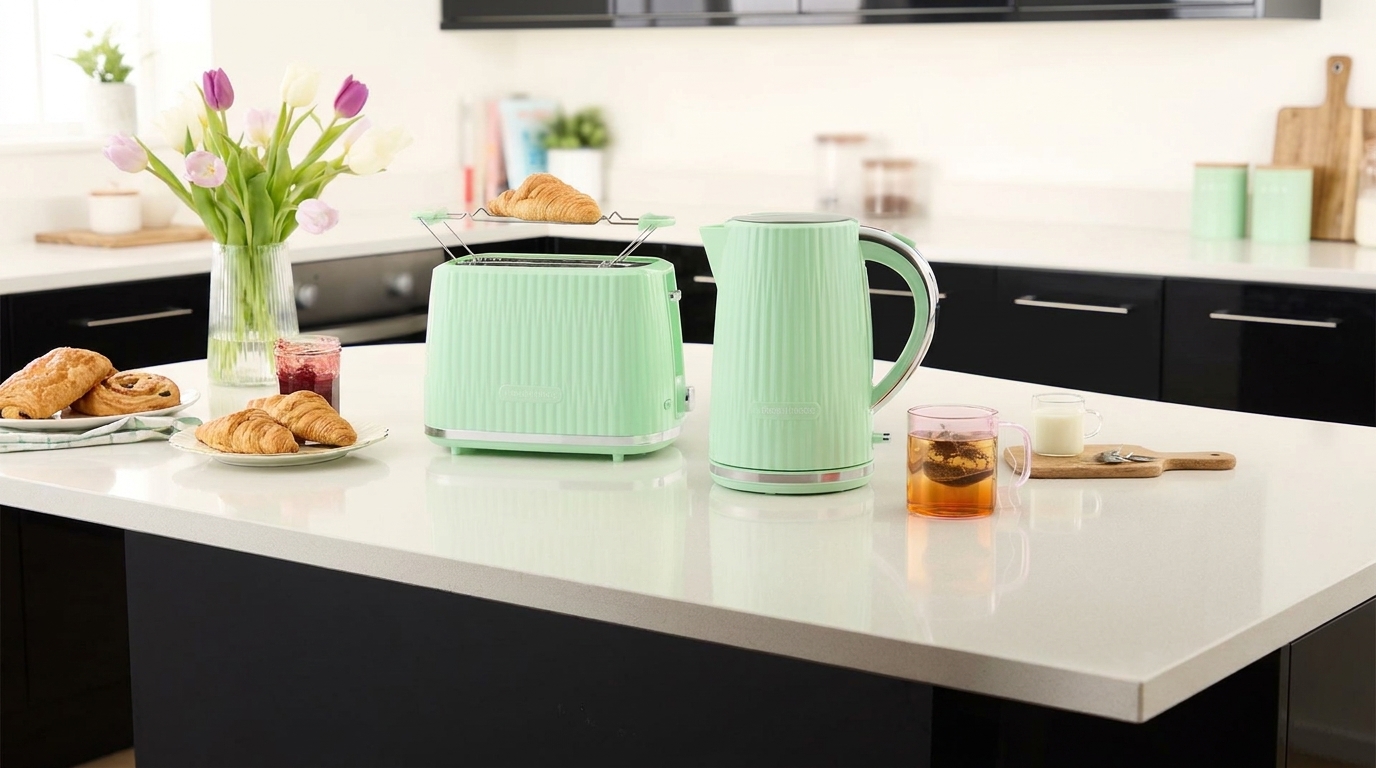 Pistáciový topinkovač Russell Hobbs s mřížkou na rozpékání pečiva a ladící rychlovarná konvice na kuchyňské lince.