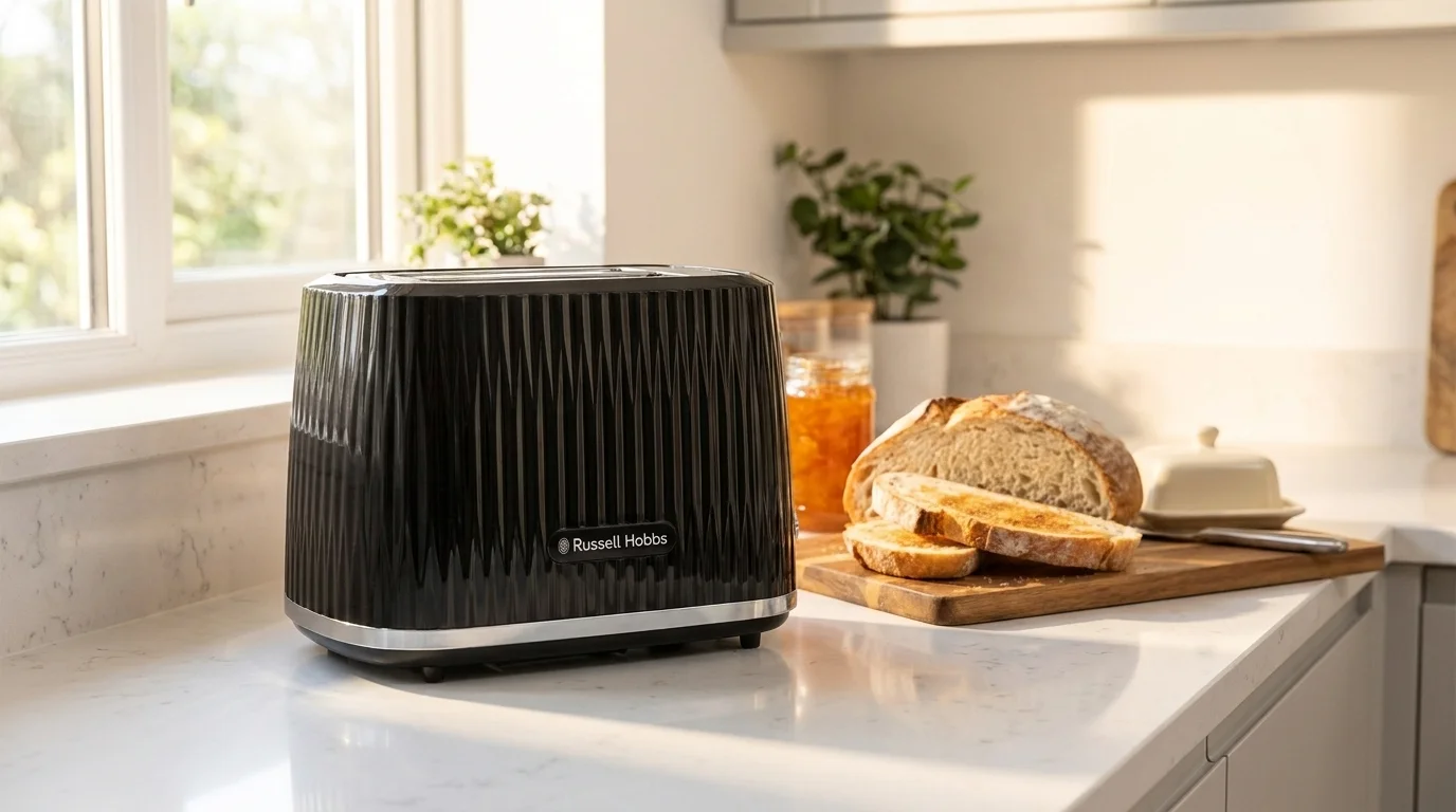 Černý topinkovač Russell Hobbs s texturovaným povrchem na světlé kuchyňské lince vedle dřevěného prkénka s nakrájeným chlebem.