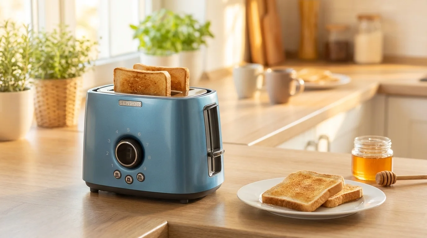 Modrý topinkovač Sencor se dvěma opečenými toasty na dřevěné kuchyňské lince vedle talíře s dalším toastem a sklenice s medem.