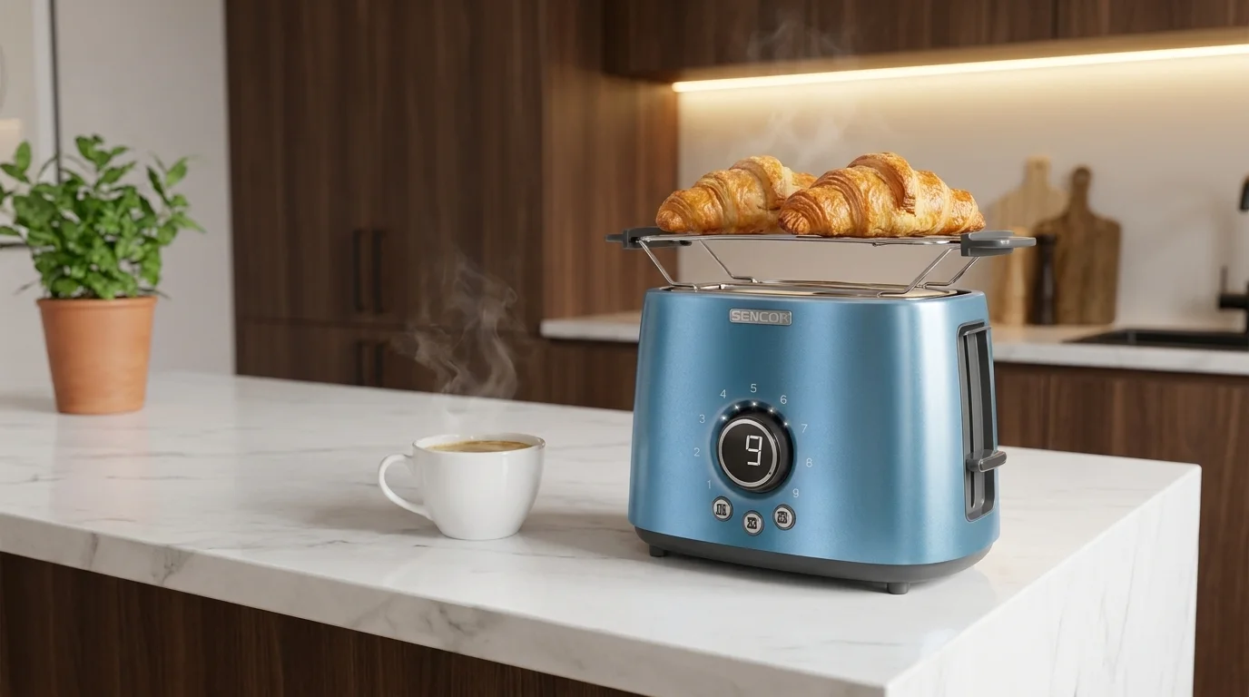 Modrý kovový topinkovač Sencor STS 6052BL s rozpékací mřížkou a dvěma croissanty stojí na kuchyňské lince vedle kouřícího šálku.