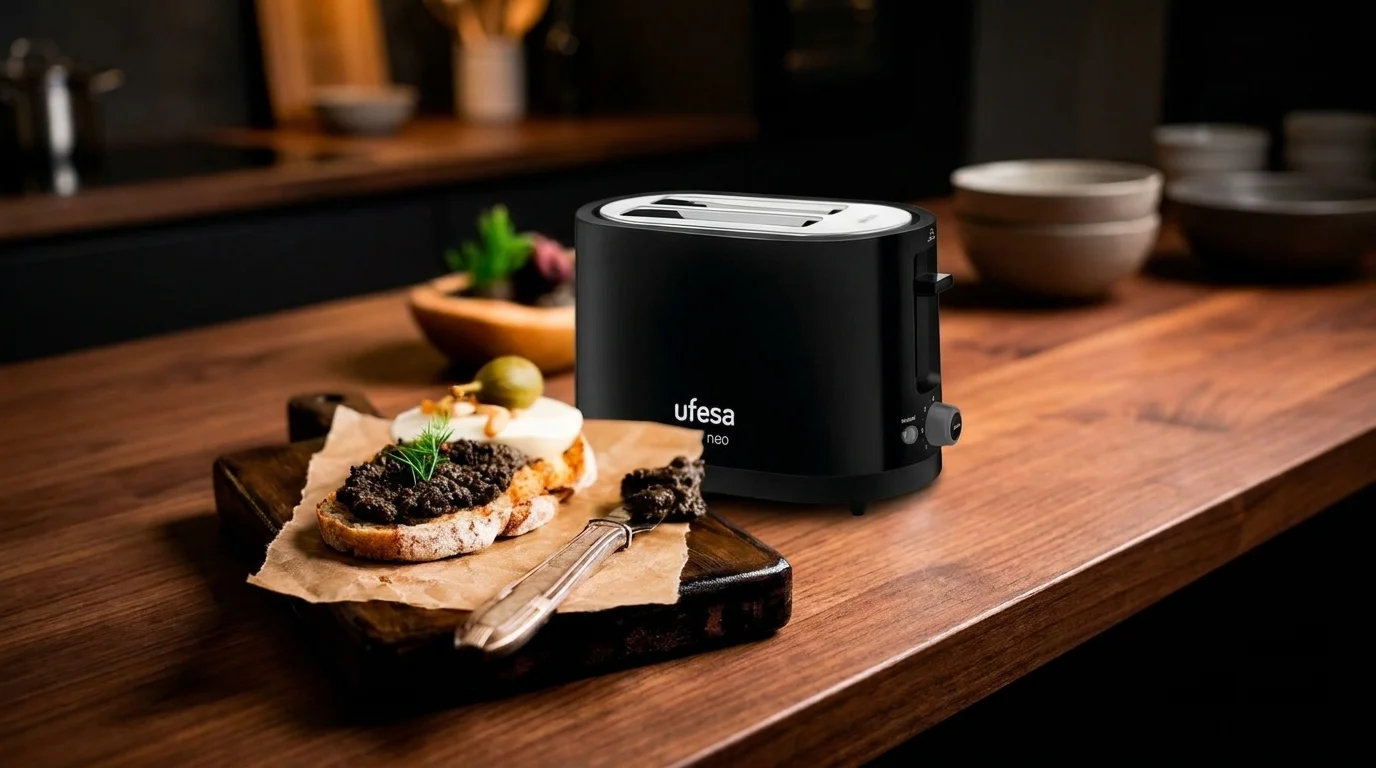 Černý topinkovač Ufesa Neo na dřevěné kuchyňské lince vedle prkénka s připravenými toasty.