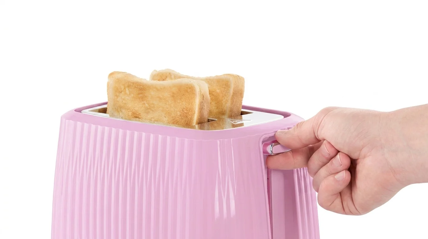 Ruka stlačuje páčku růžového topinkovače Russell Hobbs se dvěma opečenými plátky chleba.
