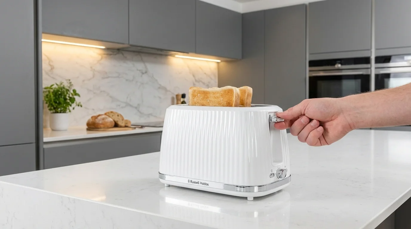 Ruka stlačuje páčku bílého topinkovače Russell Hobbs se dvěma opečenými plátky chleba na kuchyňské lince.