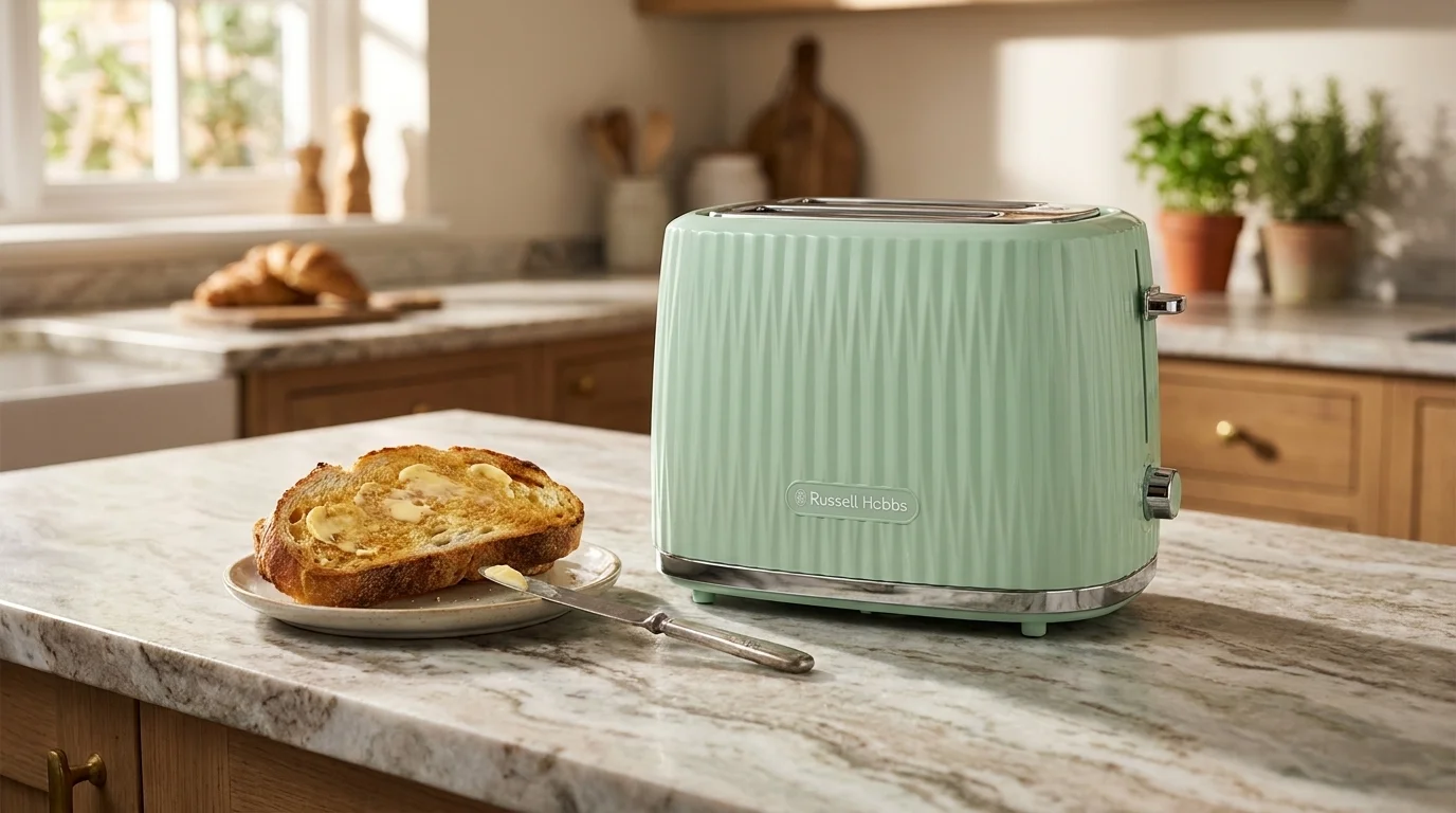 Pistáciový topinkovač Russell Hobbs na mramorové kuchyňské lince vedle talíře s opečeným toastem namazaným máslem.