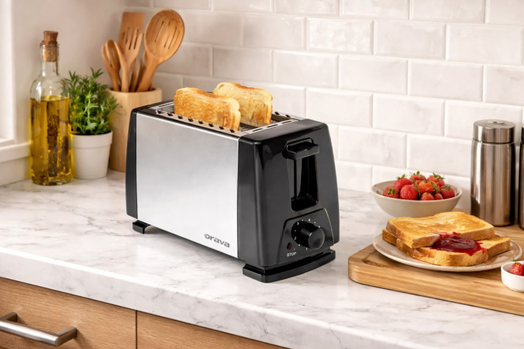 Stříbrno-černý topinkovač Orava HR-103 A se dvěma opečenými toasty na kuchyňské lince.