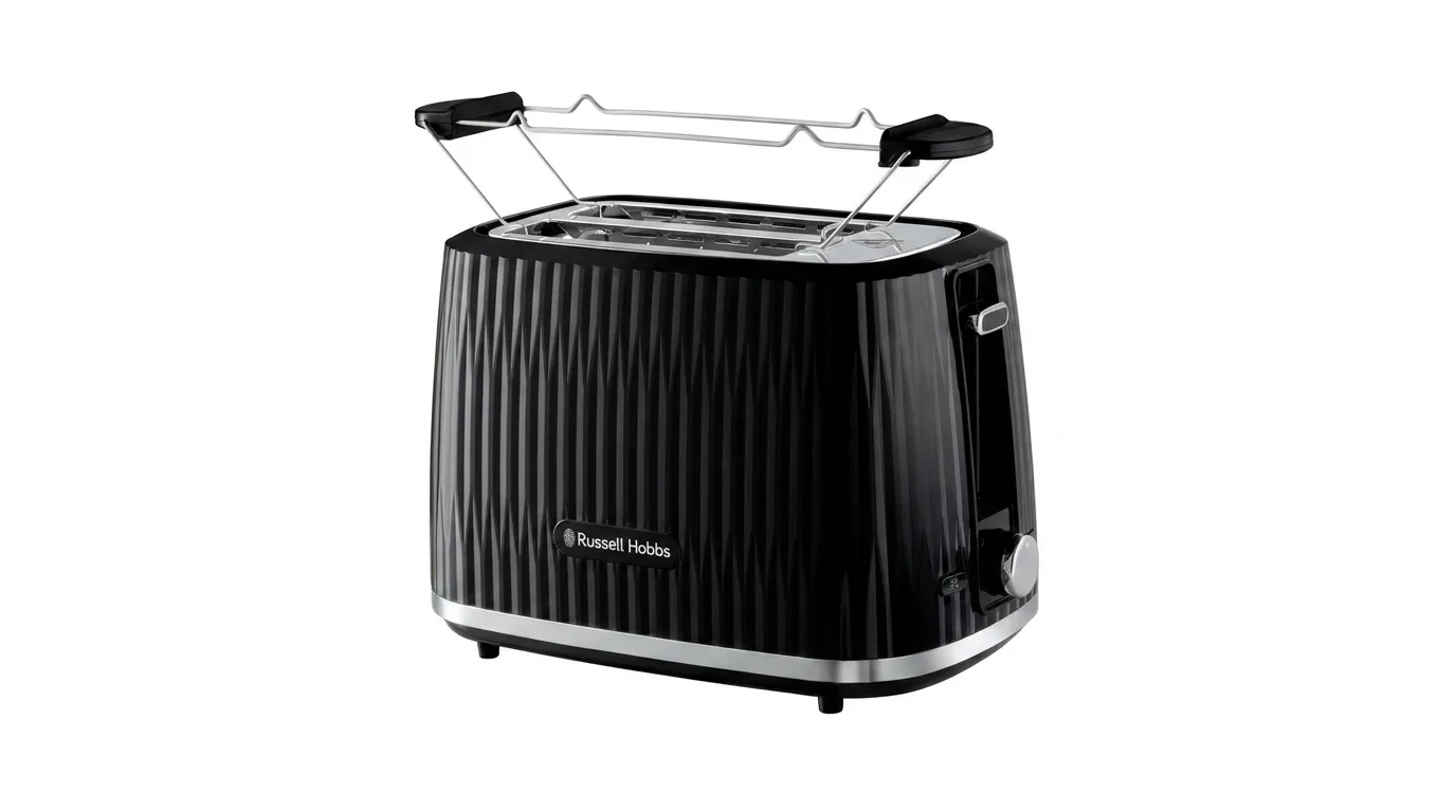 Černý topinkovač Russell Hobbs s texturovaným povrchem a mřížkou na rozpékání pečiva.