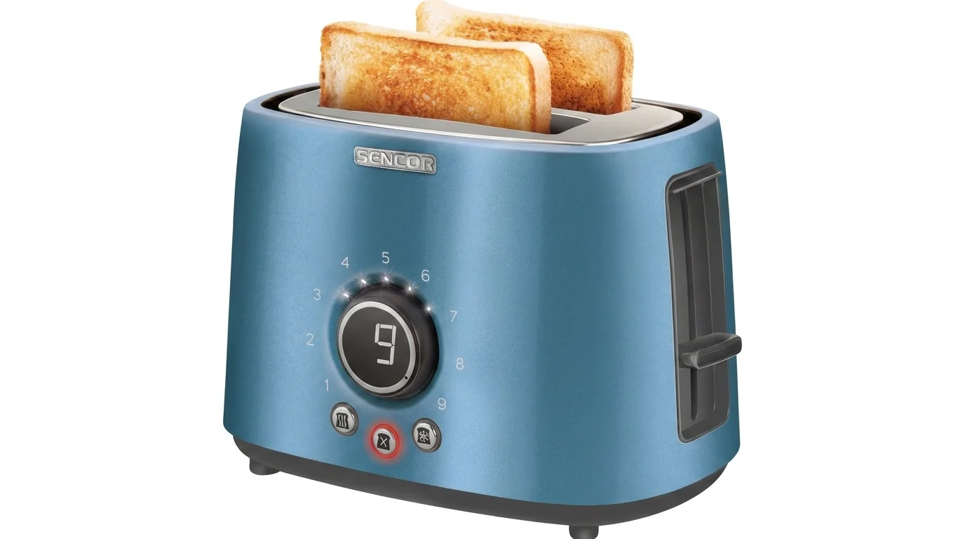 Modrý metalický topinkovač Sencor STS 6052BL se dvěma opečenými plátky toastu a digitálním displejem ukazujícím stupeň 9.