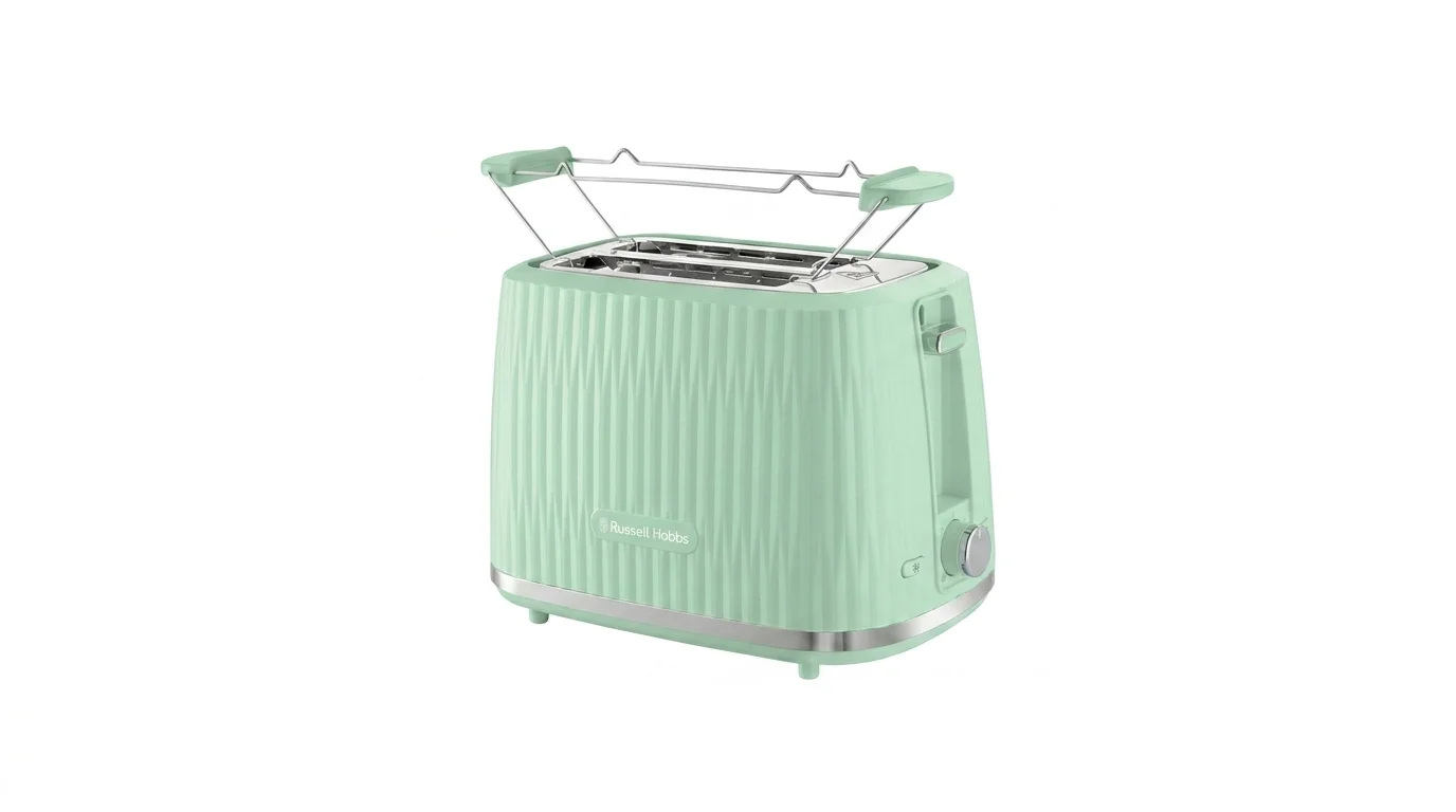 Pistáciový topinkovač Russell Hobbs s vroubkovaným povrchem a mřížkou na rozpékání pečiva.