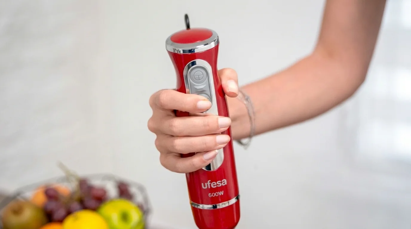 Ruka držící červený tyčový mixér Ufesa BP3443 s výkonem 600 W.