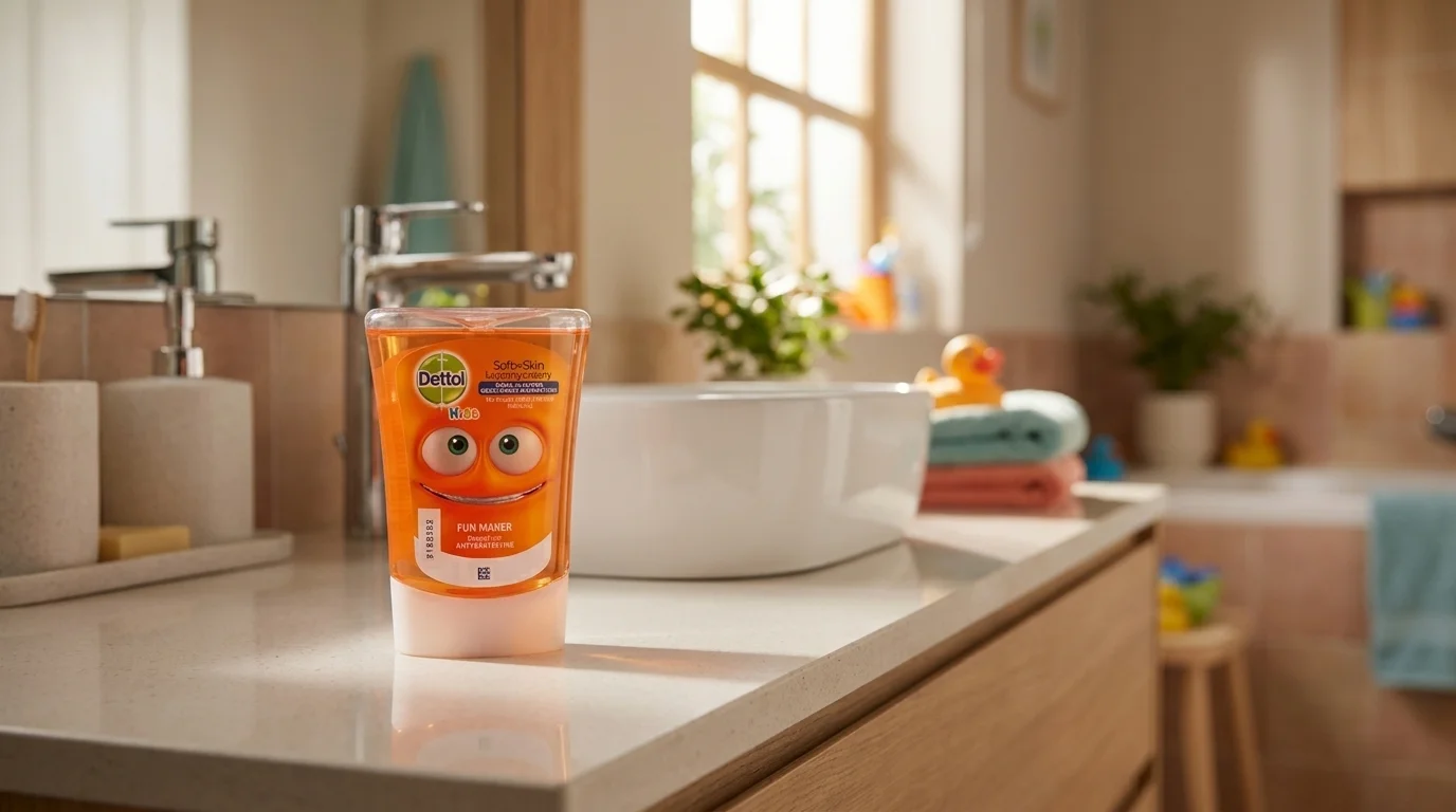 Náhradní náplň Dettol Kids Bavič s kresleným obličejem stojí na koupelnové desce vedle umyvadla.