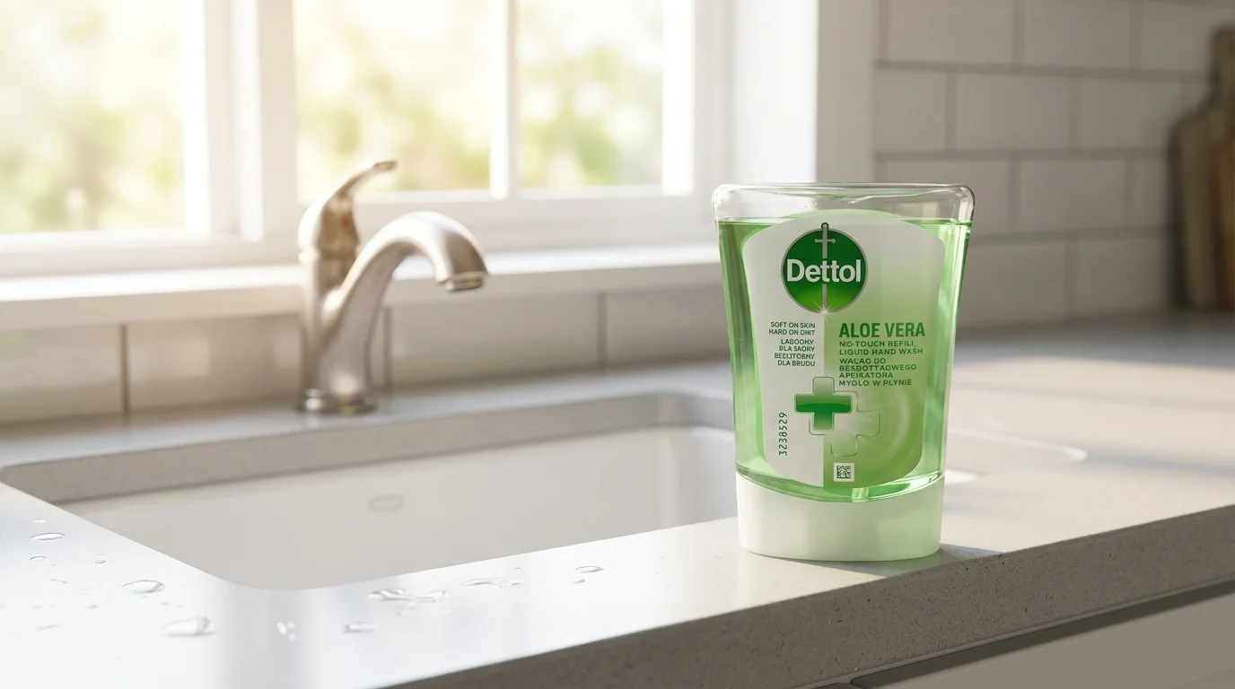 Náhradní náplň Dettol Aloe Vera pro bezdotykový dávkovač mýdla stojí na světlé lince vedle dřezu s vodovodní baterií.