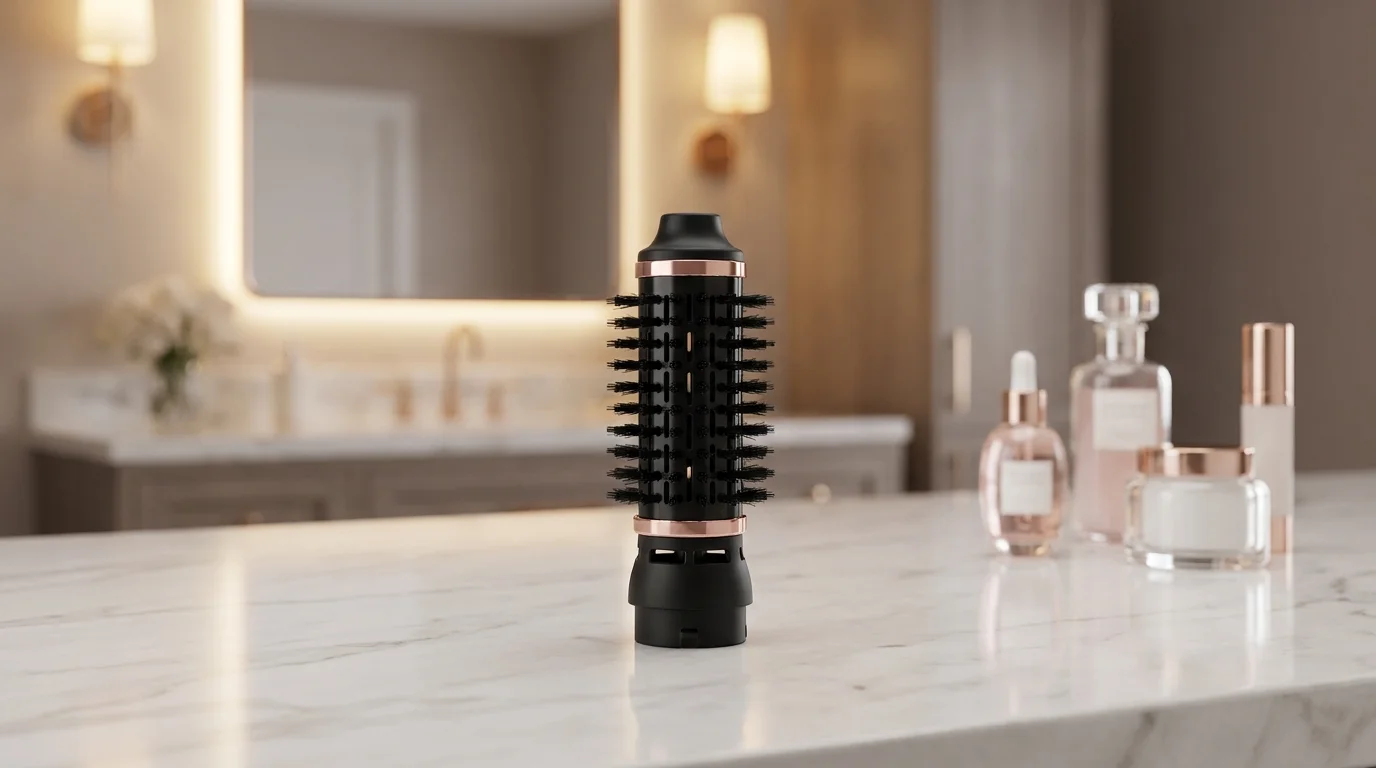 Černý kulatý kartáčový nástavec Revlon RVDR5325 s růžovozlatými detaily stojí na mramorové desce v koupelně.