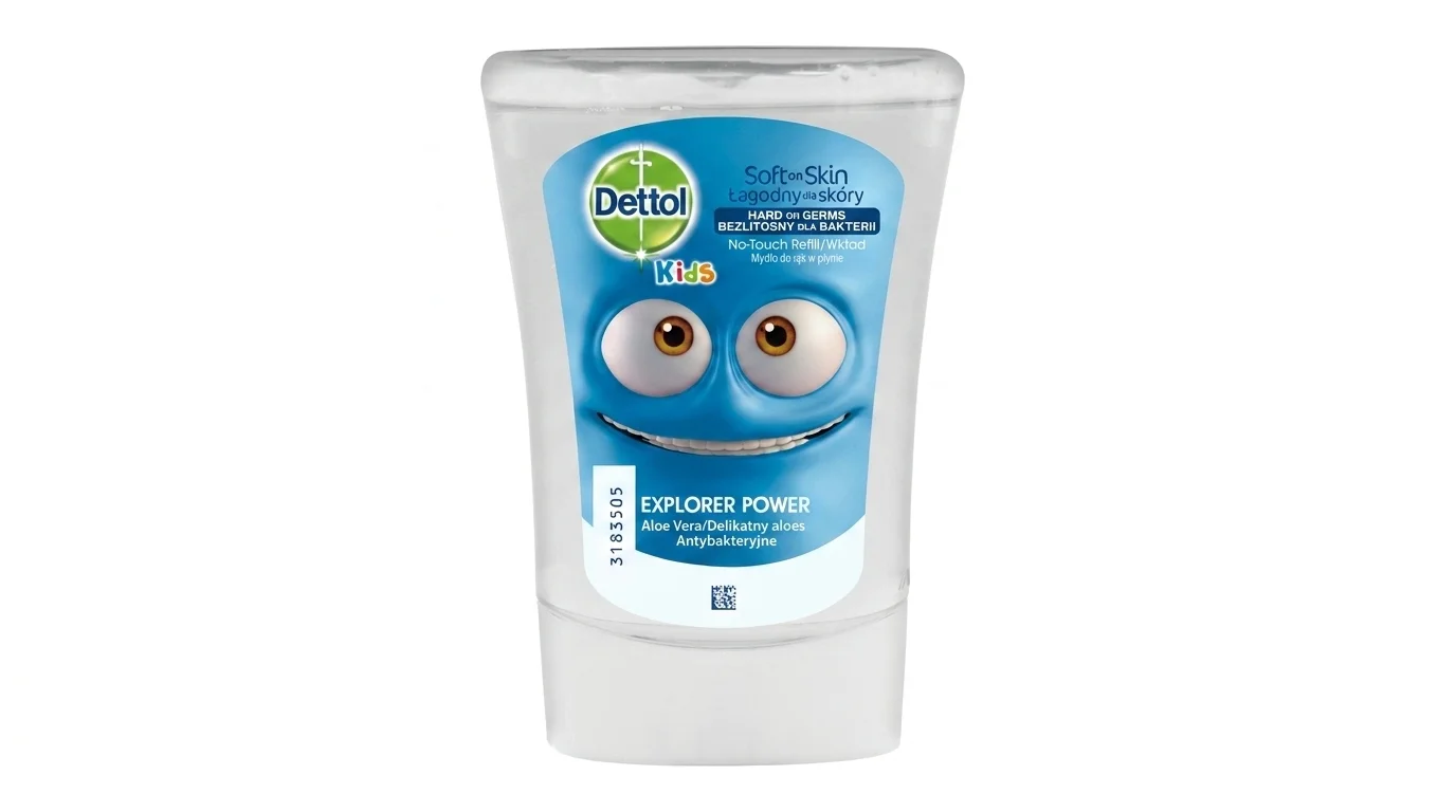 Náhradní náplň Dettol Kids Dobrodruh 250 ml do bezdotykového dávkovače s modrou kreslenou postavičkou na etiketě.